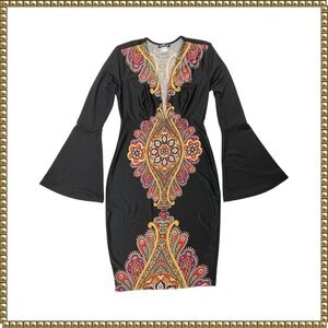 Venus Black V Neck Bell Sleeve Plunging Dress XS